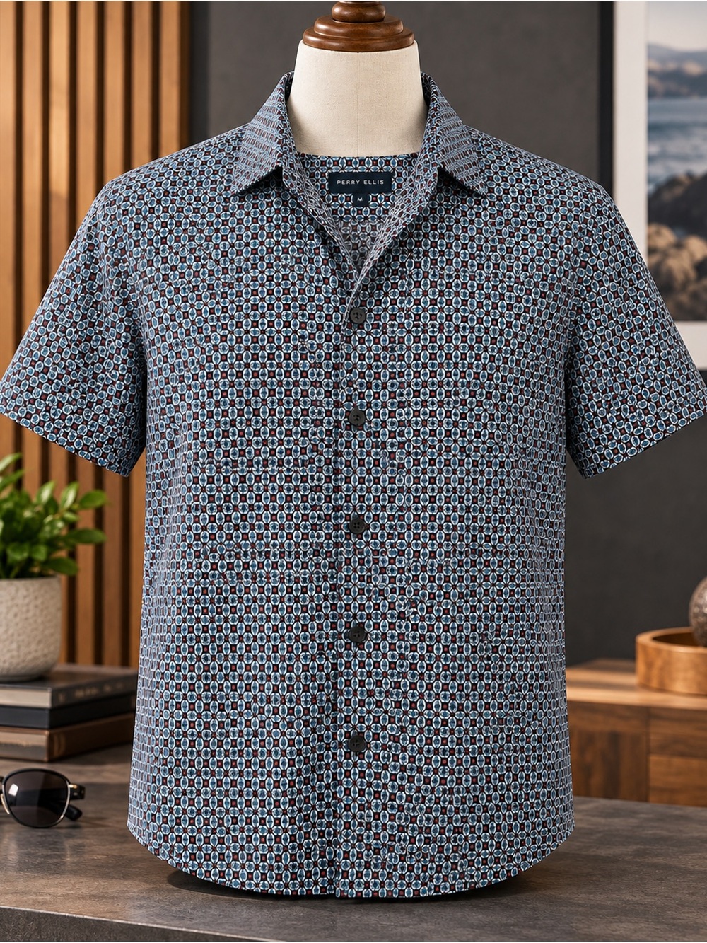 Perry Ellis Black and Geometric Patterned Casual Button Up Shirt